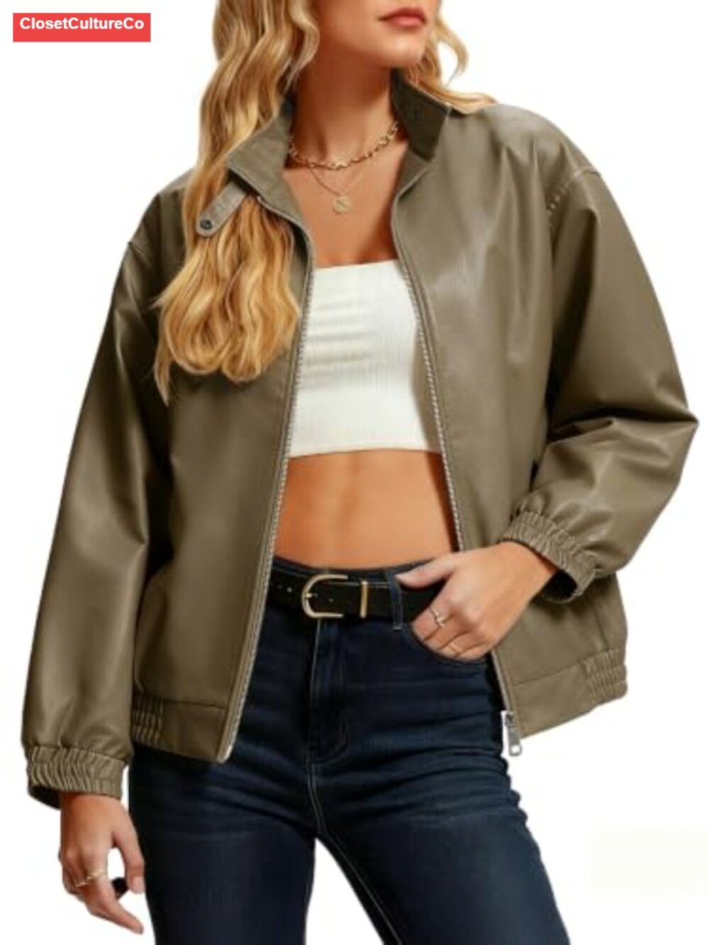 Faux Leather Jacket Oversized Winter Stand Collar Double Zipper Motorcycle
